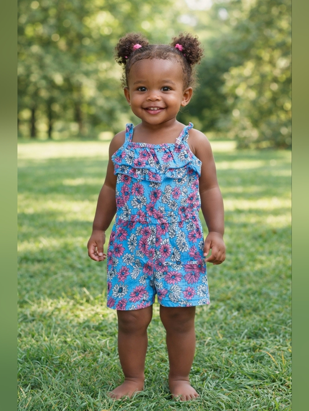 Girls 24M Blue Floral Romper Ruffle Strap Summer Outfit One Piece